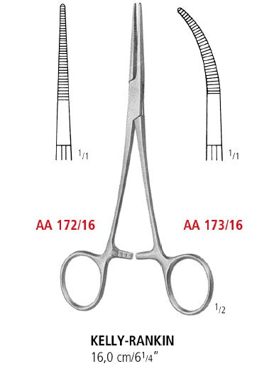 Illustration of a Kelly-Rankin forceps with specifications on a white background