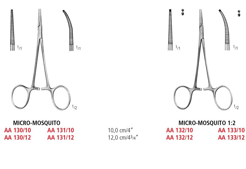 Illustration of surgical forceps labeled 'Micro-Mosquito' with specifications on a white background.