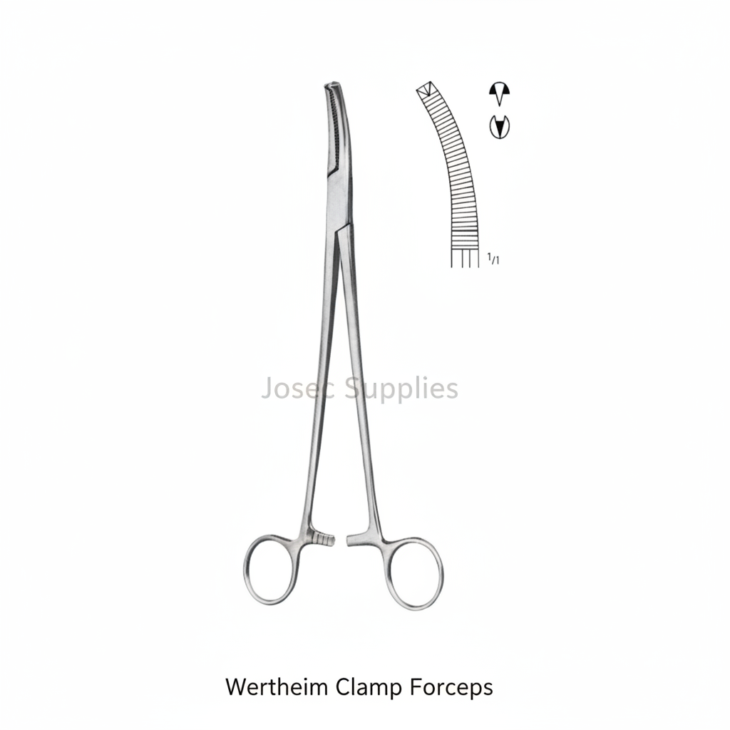 Wertheim Clamp Forceps stainless steel surgical instrument with curved jaw detail on white background