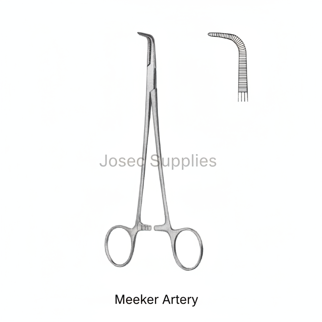 Meeker Artery surgical instrument with curved serrated jaw detail by Josec Supplies
