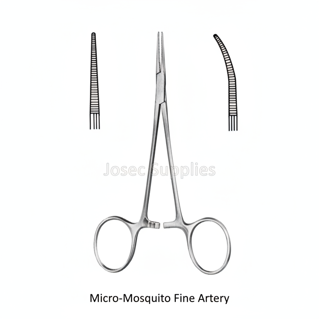 Micro-Mosquito Fine Artery Forceps surgical instrument with straight and curved jaw details by Josec Supplies