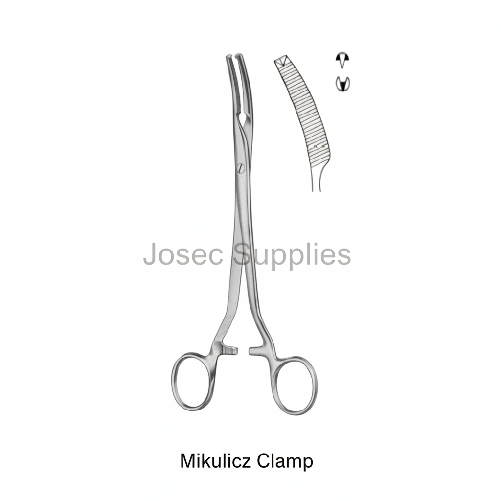 Mikulicz Peritoneal Clamp with curved serrated jaw and tip-detail views by Josec Supplies