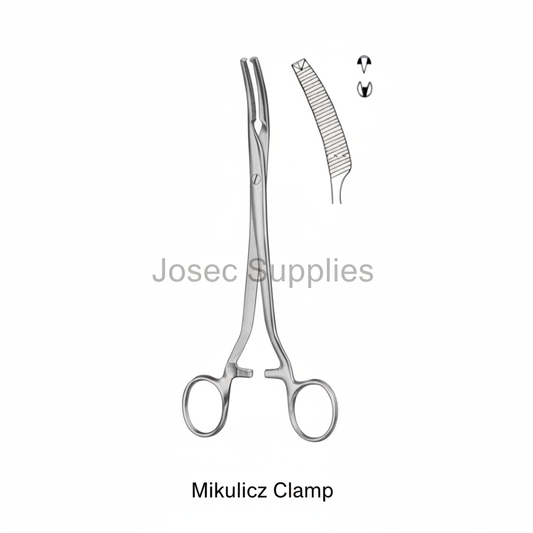 Mikulicz Peritoneal Clamp with curved serrated jaw and tip-detail views by Josec Supplies