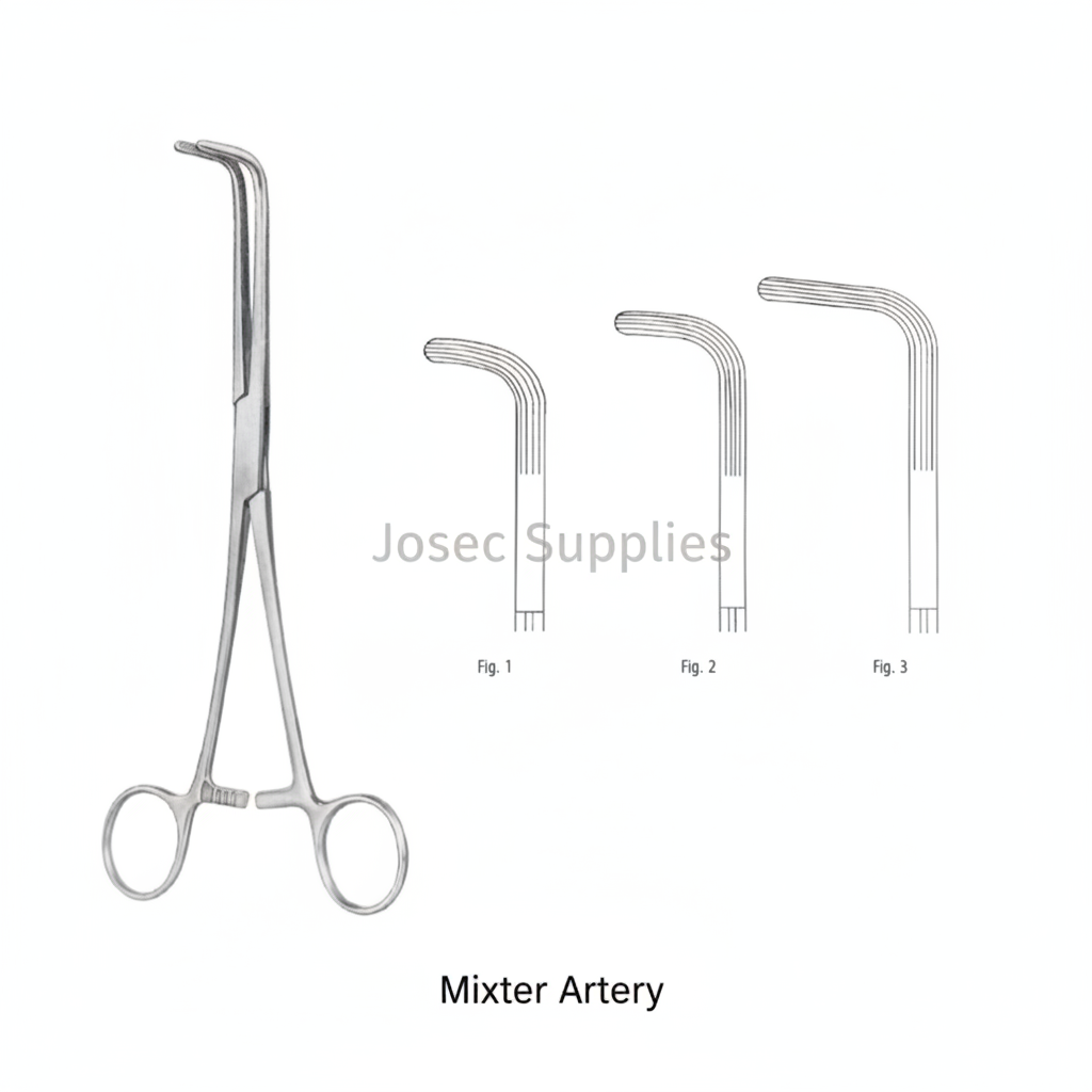 Mixter Artery Forceps surgical instrument with three jaw-detail views by Josec Supplies