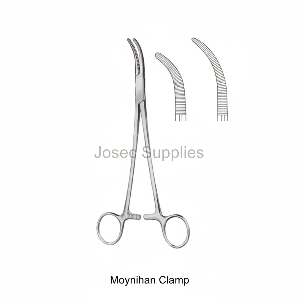 Moynihan hysterectomy clamp with short and long curved jaw detail views by Josec Supplies