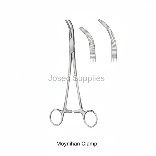 Moynihan hysterectomy clamp with short and long curved jaw detail views by Josec Supplies