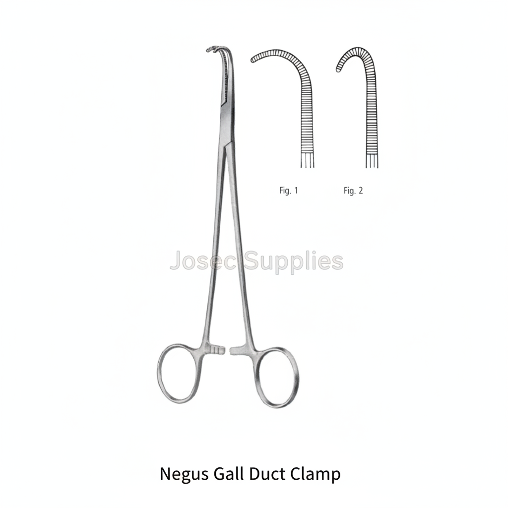 Negus gall duct clamp with Fig. 1 and Fig. 2 hooked jaw detail views by Josec Supplies