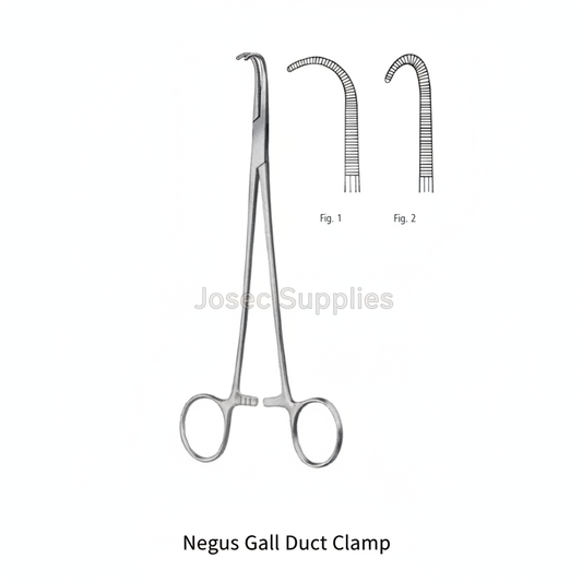 Negus gall duct clamp with Fig. 1 and Fig. 2 hooked jaw detail views by Josec Supplies
