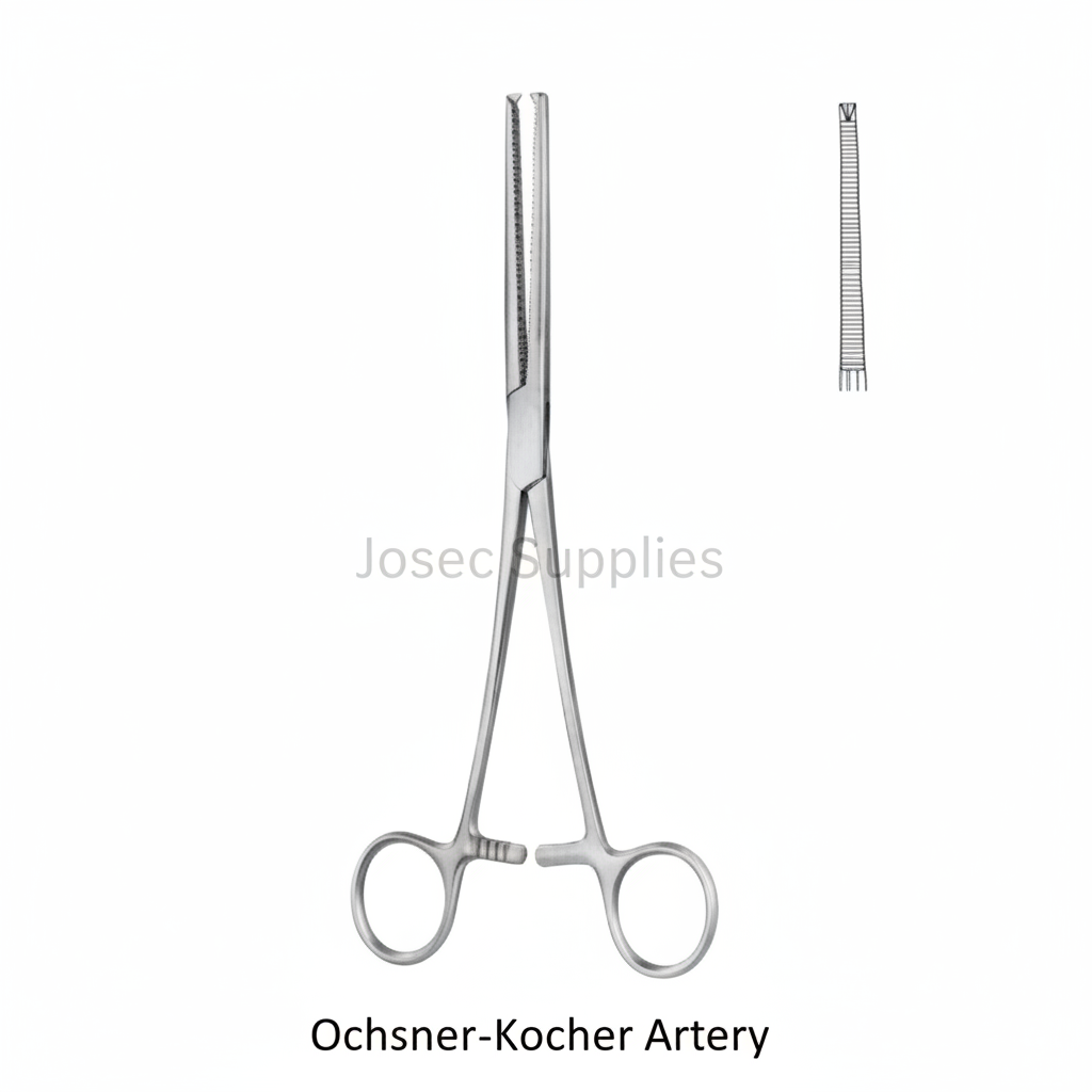 Ochsner-Kocher Artery surgical instrument with close-up jaw detail by Josec Supplies