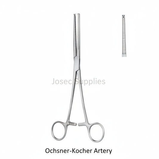 Ochsner-Kocher Artery surgical instrument with close-up jaw detail by Josec Supplies