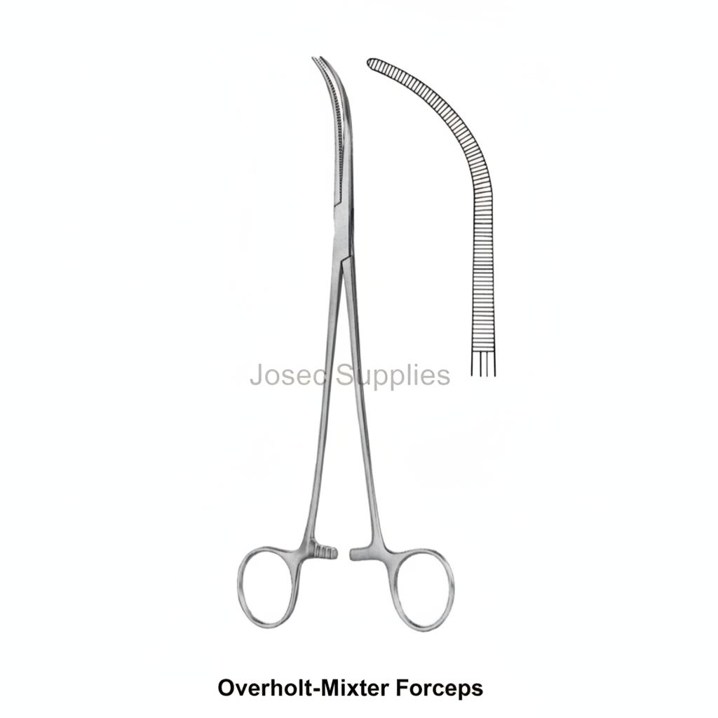 Overholt-Mixter Forceps stainless steel surgical instrument with jaw detail on white background