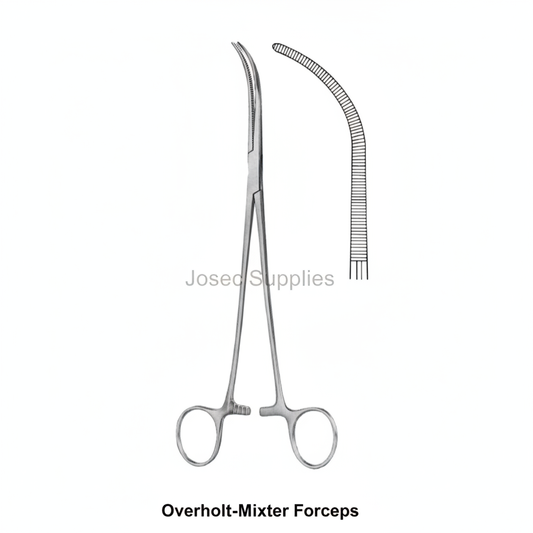 Overholt-Mixter Forceps stainless steel surgical instrument with jaw detail on white background