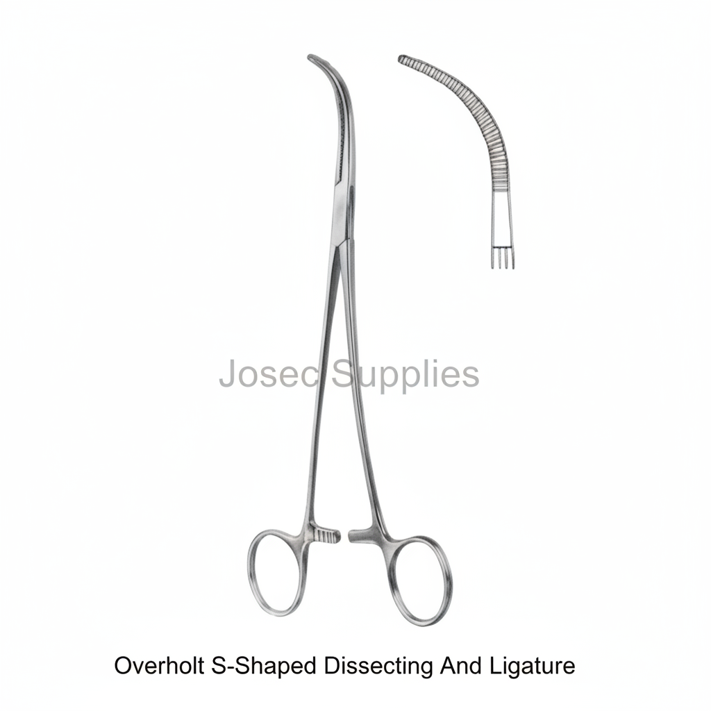 Overholt S-shaped dissecting and ligature instrument with curved serrated jaw detail by Josec Supplies