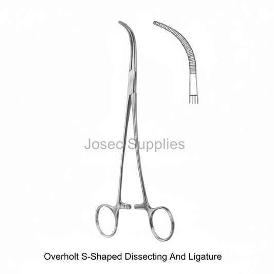 Overholt S-shaped dissecting and ligature instrument with curved serrated jaw detail by Josec Supplies