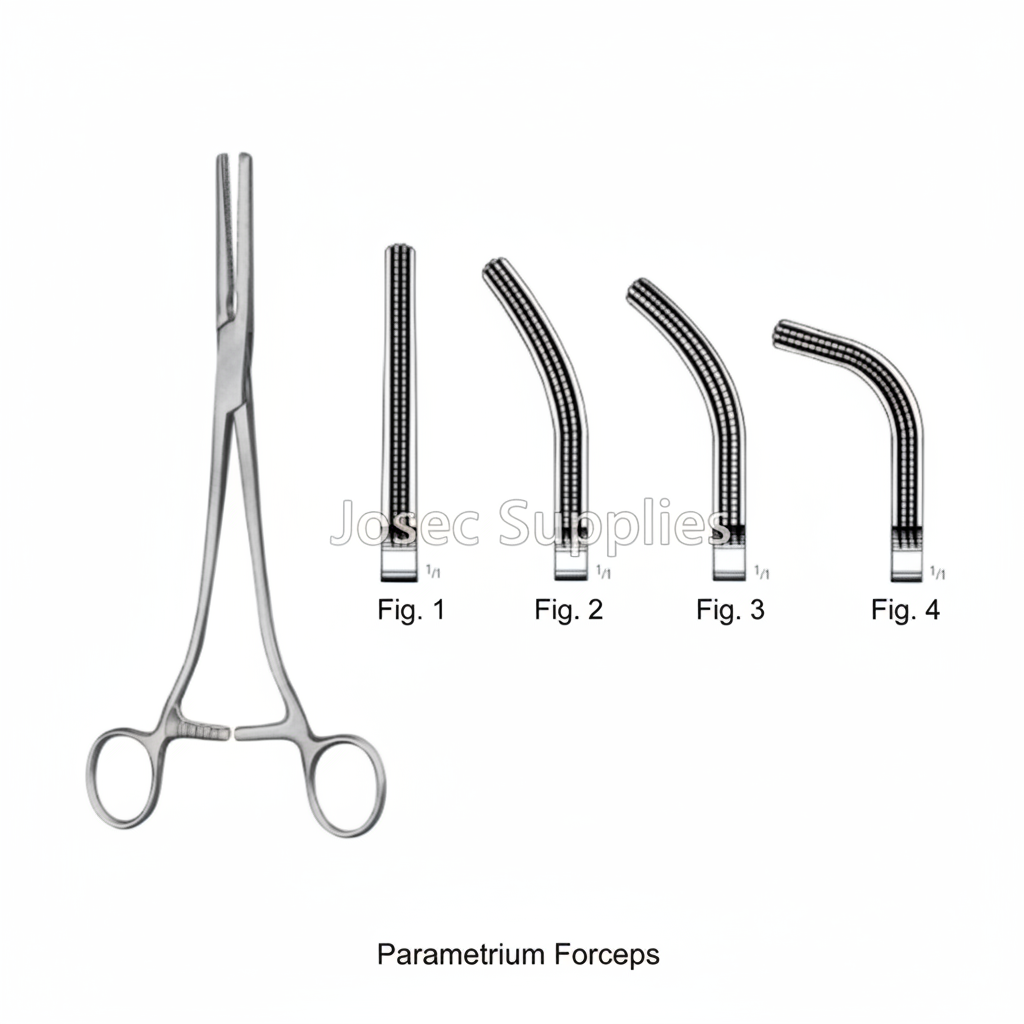 Parametrium Forceps stainless steel surgical instrument with Fig. 1 to Fig. 4 tip details on white background
