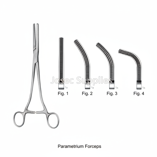 Parametrium Forceps stainless steel surgical instrument with Fig. 1 to Fig. 4 tip details on white background