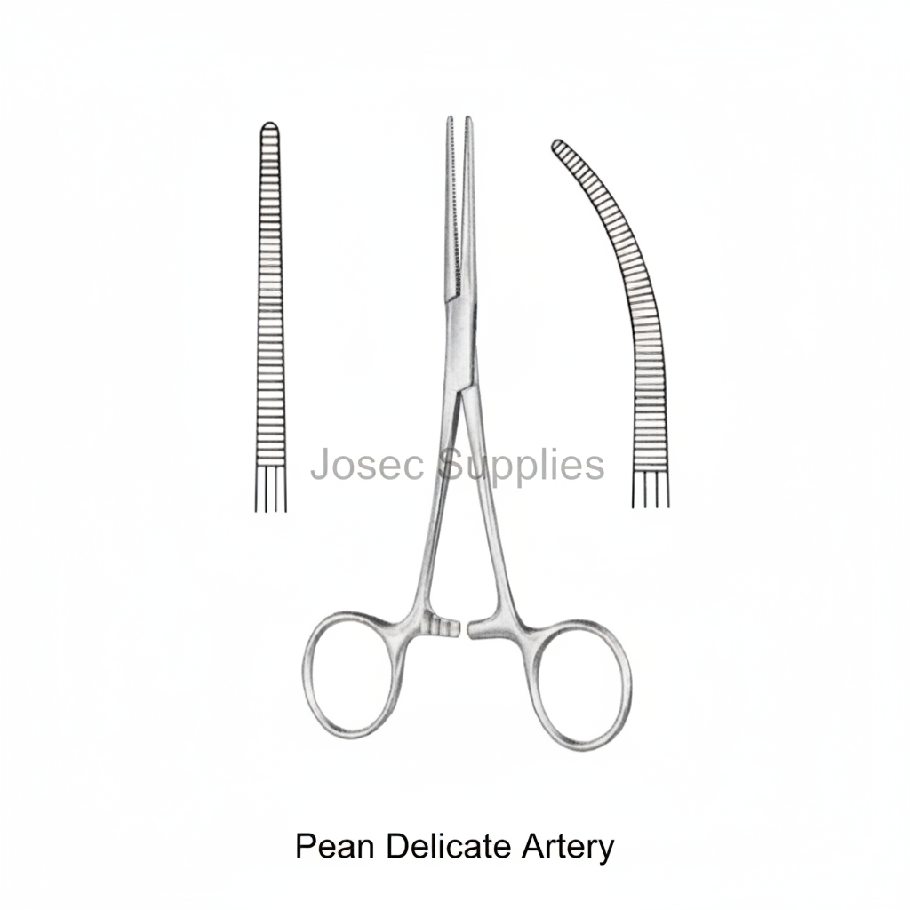 Pean Delicate Artery surgical instrument with straight and curved jaw details by Josec Supplies