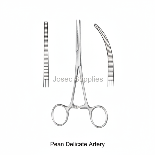 Pean Delicate Artery surgical instrument with straight and curved jaw details by Josec Supplies