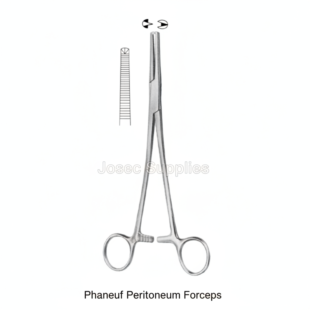 Phaneuf Peritoneum Forceps stainless steel surgical instrument with jaw serration detail on white background