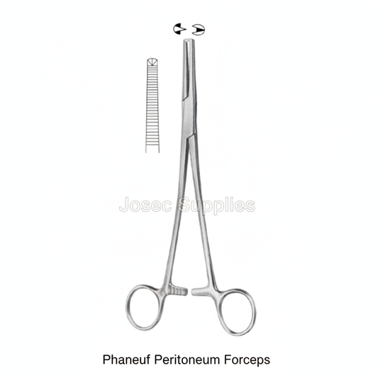 Phaneuf Peritoneum Forceps stainless steel surgical instrument with jaw serration detail on white background