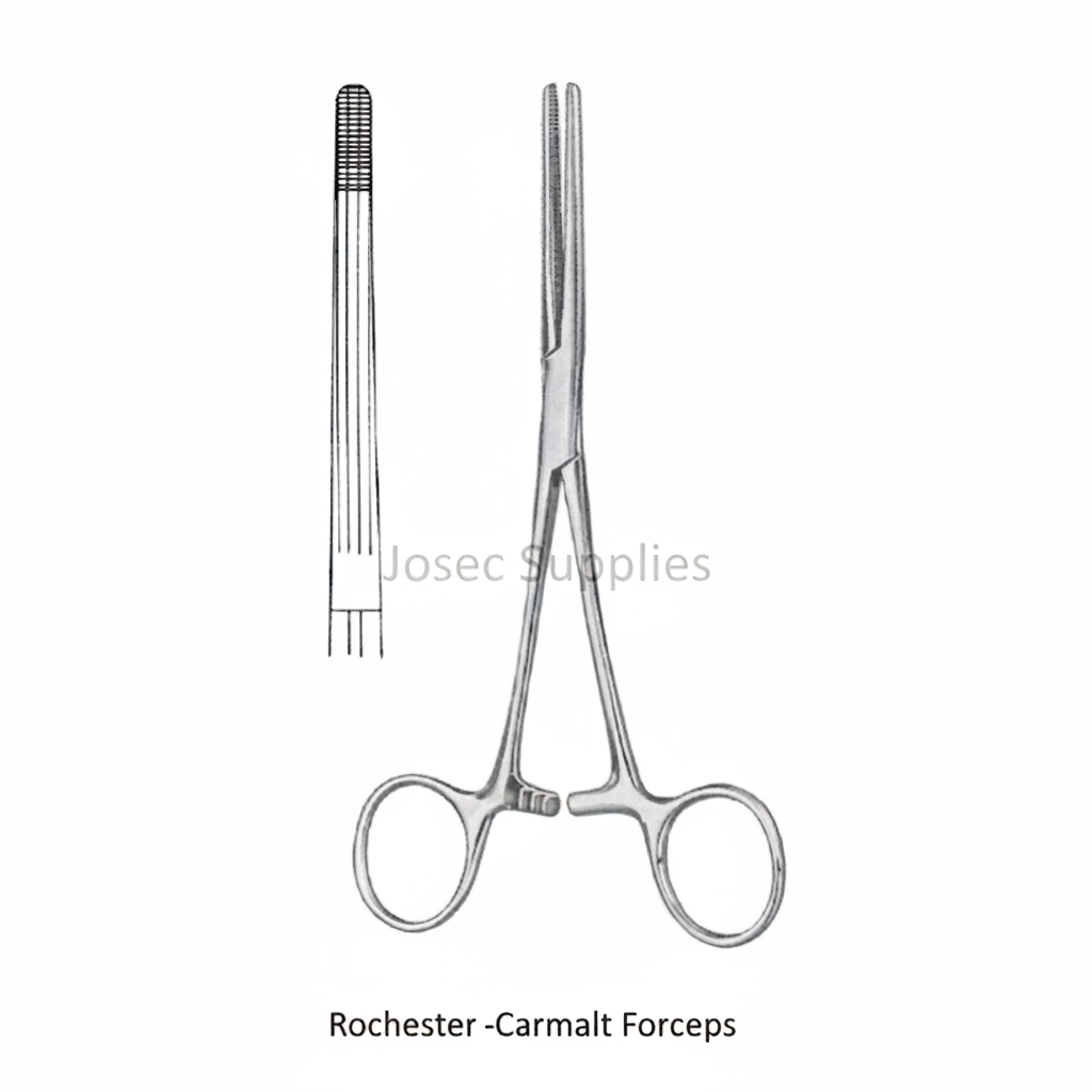 Rochester-Carmalt Forceps stainless steel surgical instrument with jaw serration detail on white background