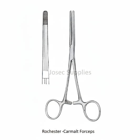 Rochester-Carmalt Forceps stainless steel surgical instrument with jaw serration detail on white background